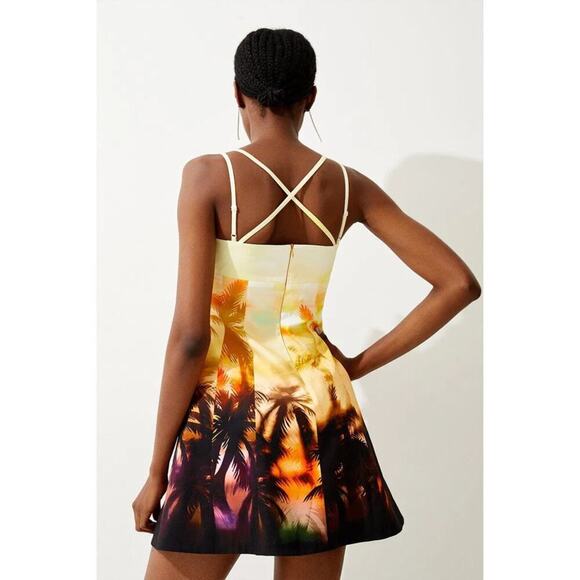 Karen Millen Tailored Scenic Print Strappy Mini Dress Orange Size 12 NWT - Picture 2 of 7